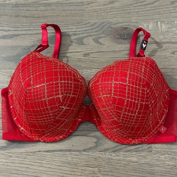 Victorias Secret Lined Demi Metallic Lace bra red and gold - Picture 6 of 7